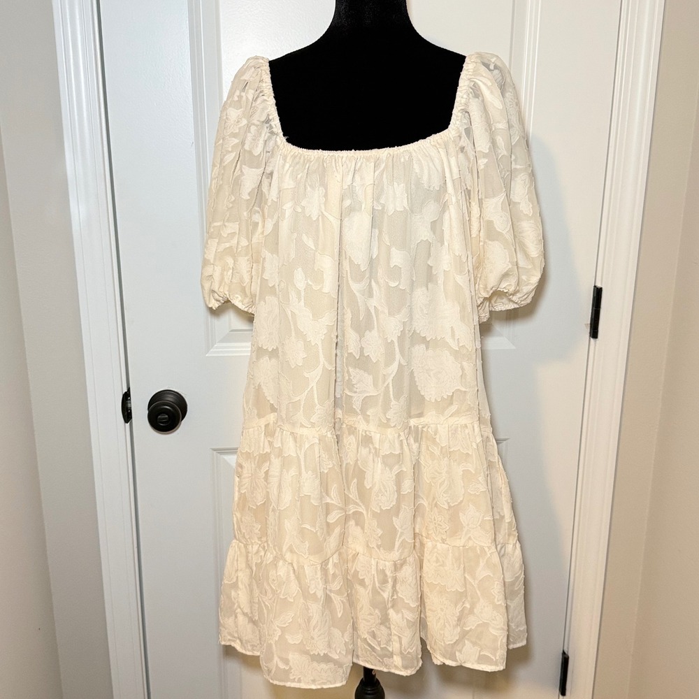 Jacquie the Label Cream Floral Babydoll Mini Dress Sz Large Bridal Indie Sleeze